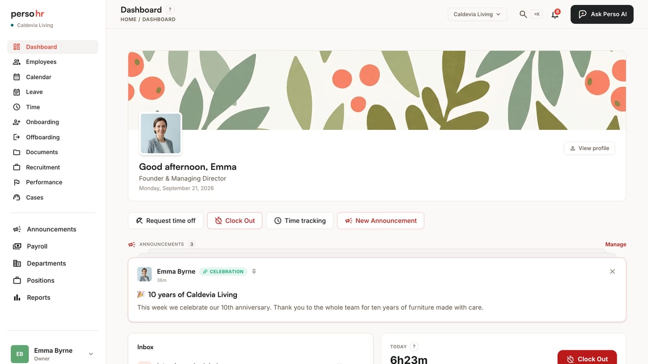 PersoHR dashboard showing today's leave, onboarding tasks, and announcements